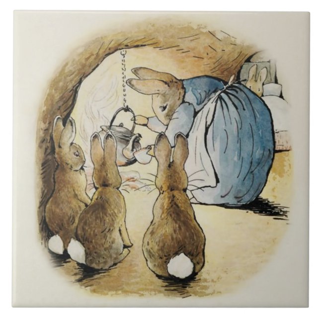 Azulejo Rabbit Pours Tea por Beatrix Potter (Frente)