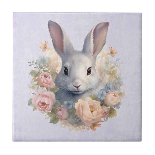 Azulejo Rabbit Surrounded by Pastel Flowers Cute (Frente)