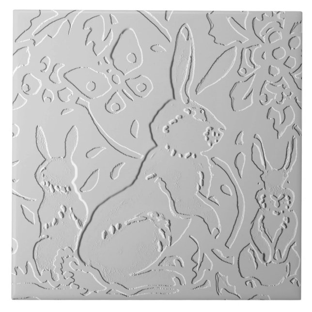 Azulejo Rabbit White Gray Black Grabado en relieve Woodlan (Frente)