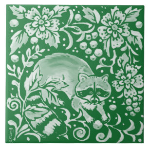 Azulejo Raccoon de la madera verde esmeralda Intrincada fl