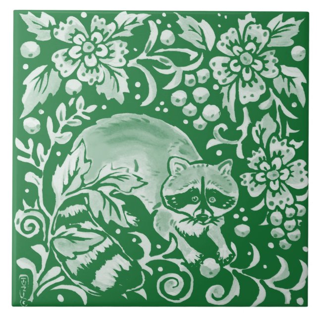 Azulejo Raccoon de la madera verde esmeralda Intrincada fl (Frente)