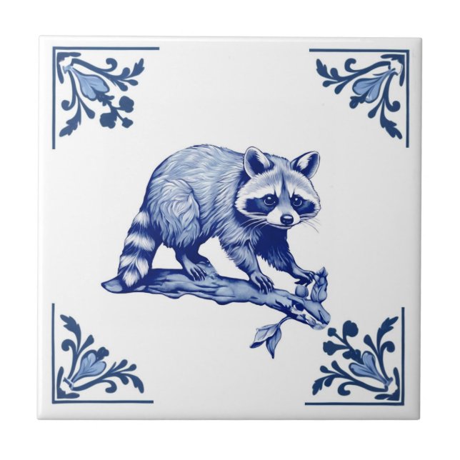 Azulejo Raccoon Delft Esquinas Azules y Blancas Woodland (Frente)