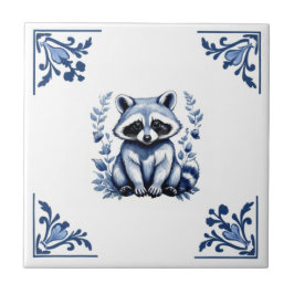 Azulejo Raccoon Delft Esquinas Blancas Azules Animales Woo