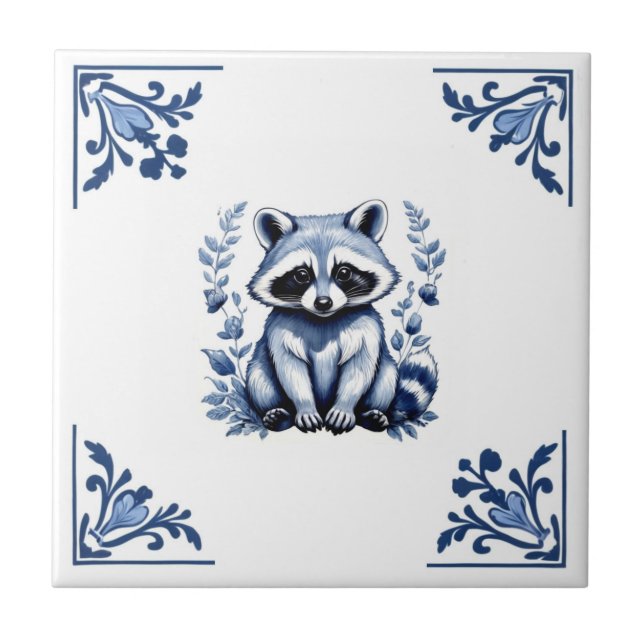 Azulejo Raccoon Delft Esquinas Blancas Azules Animales Woo (Frente)