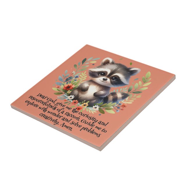Azulejo Raccoon Woodland Niños Oración Cristiana en Rosa | (Lado)