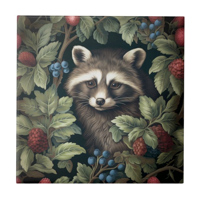 Azulejo Raccoon y bayas inspiradas en William Morris (Frente)