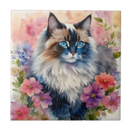 Azulejo Ragdoll Cat Floral Retrato
