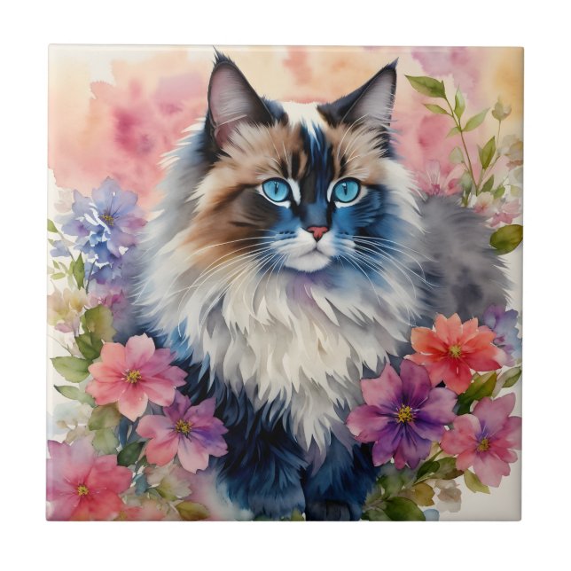 Azulejo Ragdoll Cat Floral Retrato (Frente)