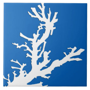 Azulejo Rama de coral - blanco sobre azul cobalto