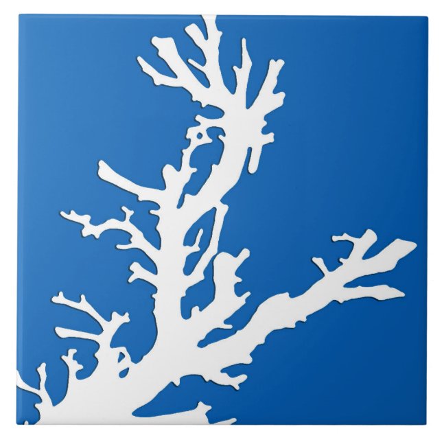 Azulejo Rama de coral - blanco sobre azul cobalto (Frente)