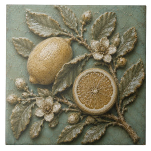 Azulejo Rama de limón antiguo relieve falso botánico