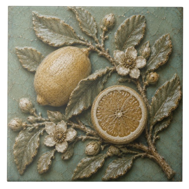 Azulejo Rama de limón antiguo relieve falso botánico (Frente)