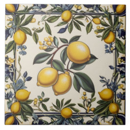 Azulejo Rama de limón española limones hojas azul y blanco