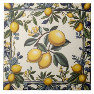 Azulejo Rama de limón española limones hojas azul y blanco