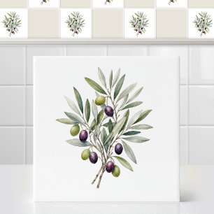 Azulejo Rama de olivo mediterránea acuarela con hojas