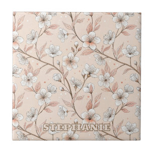 Azulejo Rama floral de melocotón suave con flores blancas