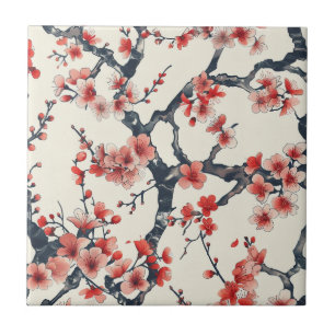 Azulejo Ramas de flor de cerezo de coral marfil floral asi