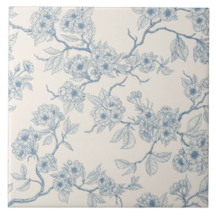 Azulejo Ramas de flor de cerezo en azul y blanco apagado
