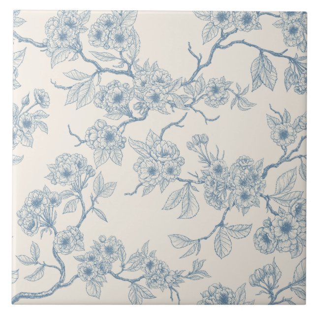 Azulejo Ramas de flor de cerezo en azul y blanco apagado (Frente)
