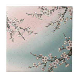 Azulejo Ramas de flor de cerezo rosa delicada Sakura