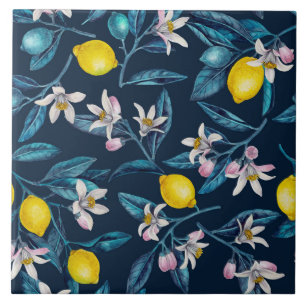 Azulejo Ramas de limón con flores y fruta en azul