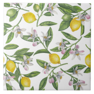 Azulejo Ramas de limón con flores y fruta en blanco
