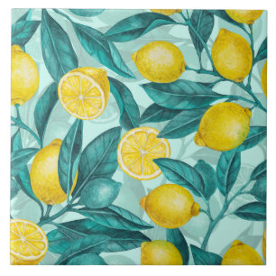 Azulejo Ramas de limón en azul y amarillo