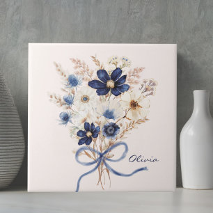 Azulejo Ramo de flores azul marino acuarela personalizado