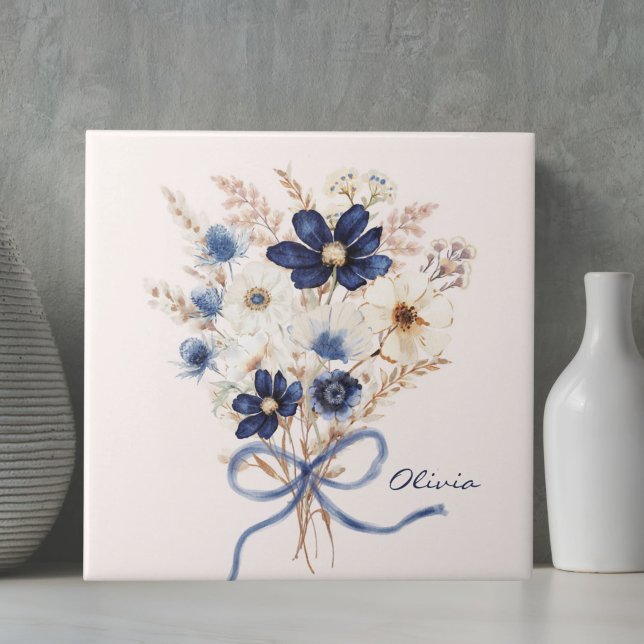 Azulejo Ramo de flores azul marino acuarela personalizado (Subido por el creador)