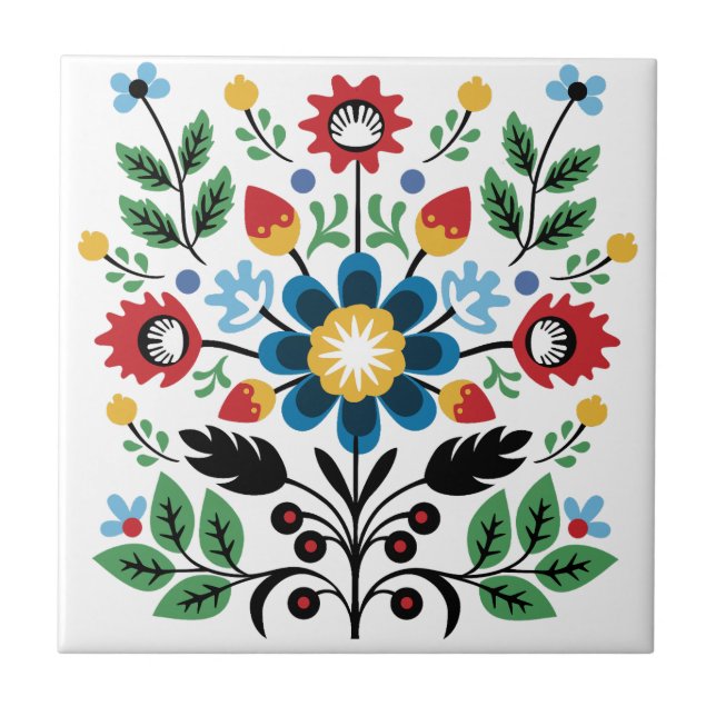 Azulejo Ramo de flores de arte popular simétrico (Frente)
