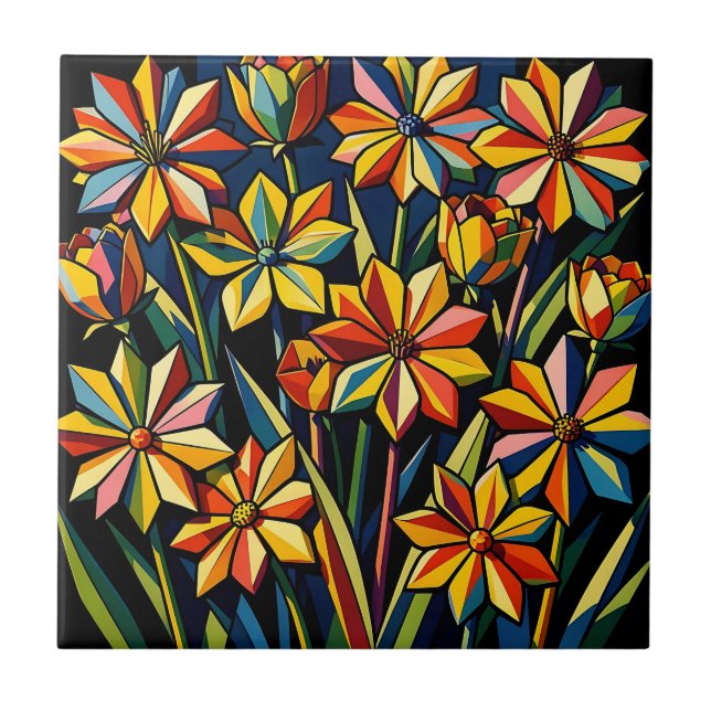 Azulejo Ramo de flores geométricas vibrantes de arcoíris (Frente)
