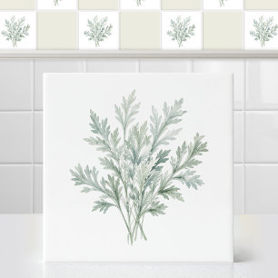 Azulejo Ramo de hojas de ajenjo verde plateado en acuarela
