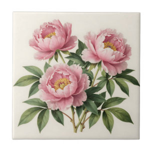 Azulejo Ramo de Peonía Rosa Ilustración Botánica Vintage