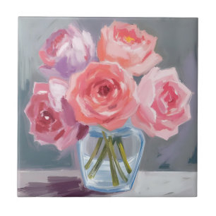 Azulejo Ramo de peonía rosa pintado con acuarela floral