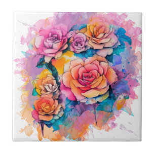 Azulejo Ramo de rosas con manchas de pintura acuarela mode