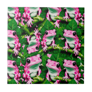 Azulejo Rana Rosa En Diseño De Patrón De Hojas Verdes