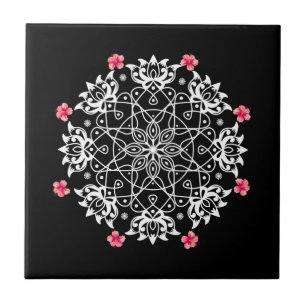 Azulejo Rangoli blanco con hibisco