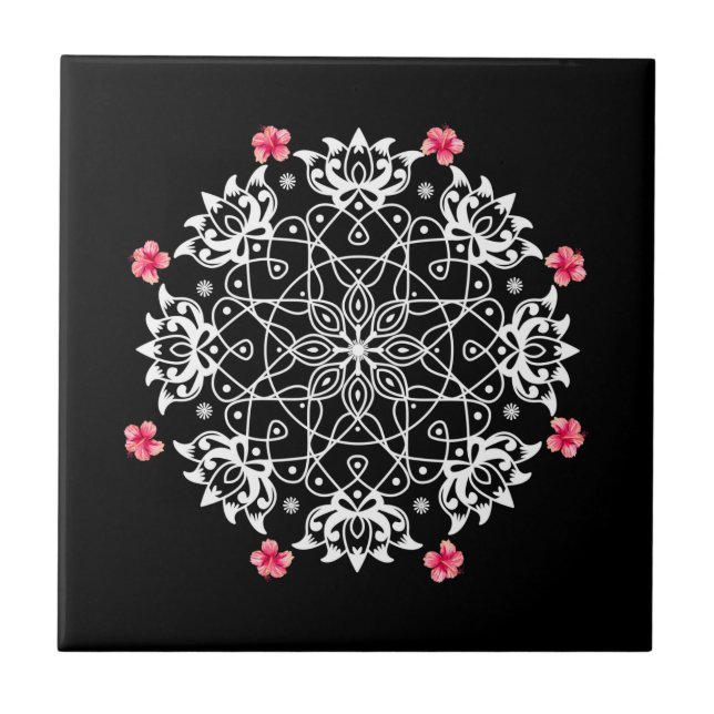 Azulejo Rangoli blanco con hibisco (Frente)