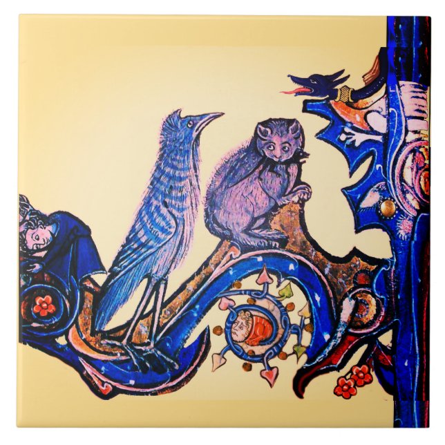 AZULEJO RARO BESTIARIO MEDIEVAL CAT AZUL Y CUCKOO BIRD C (Frente)