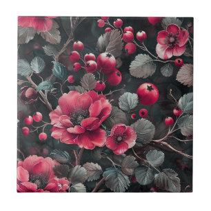 Azulejo Raspberry, flores borgoñas en gris oscuro