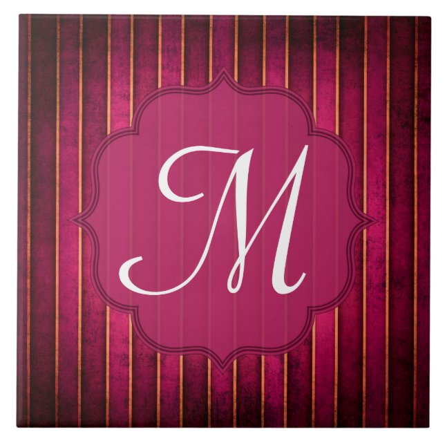 Azulejo Raspberry Gold Stripe Monograma moderno Tile de vi (Frente)