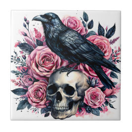 Azulejo Raven En El Cráneo Con Arte De Rosas Rosadas