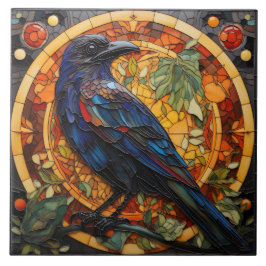 Azulejo Raven en otoño, ventana de vidrio manchado