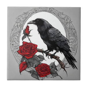 Azulejo Raven negro gótico con rosas rojas