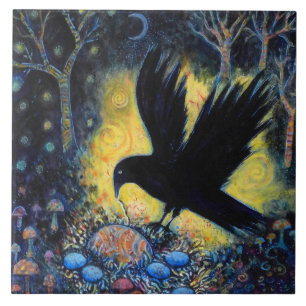 Azulejo Raven nocturno con nido y huevos