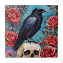 Azulejo Raven Sobre Las Rosas Rojas En La Noche