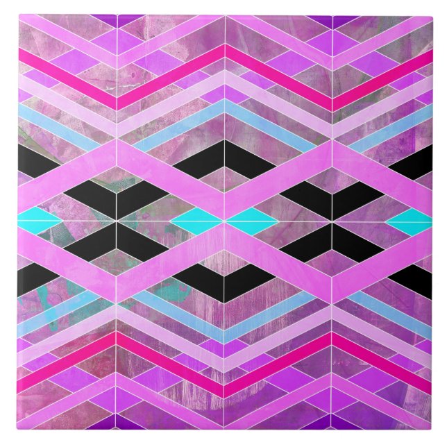 Azulejo Rayas de cruce geométrico morado rosa y Aqua (Frente)
