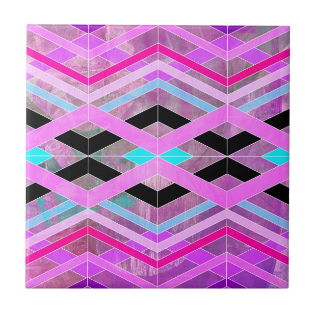 Azulejo Rayas de cruce geométrico morado rosa y Aqua (Frente)