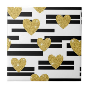 Azulejo Rayas Negras Blancas Corazones Dorados Patrón