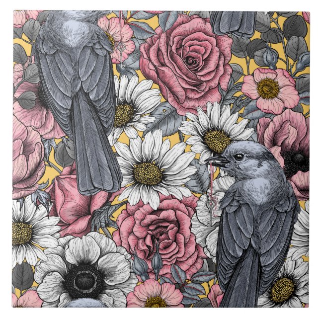 Azulejo Rayos grises y flores (Frente)